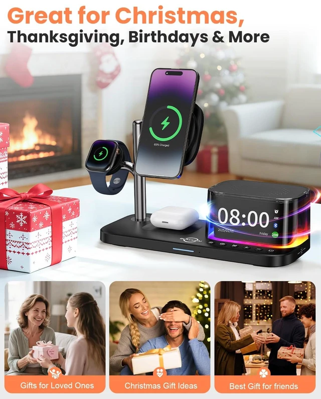 Alt view image 7 of 7 - 7-in-1 Wireless Charging Station for Multiple Apple Devices Bluetooth Speaker Alarm Clock Night Light, Qi2.2 Charger Stand for iPhone 17/16/15 Pro Max Apple Watch Airpods 45W Adapter Included (Orange)