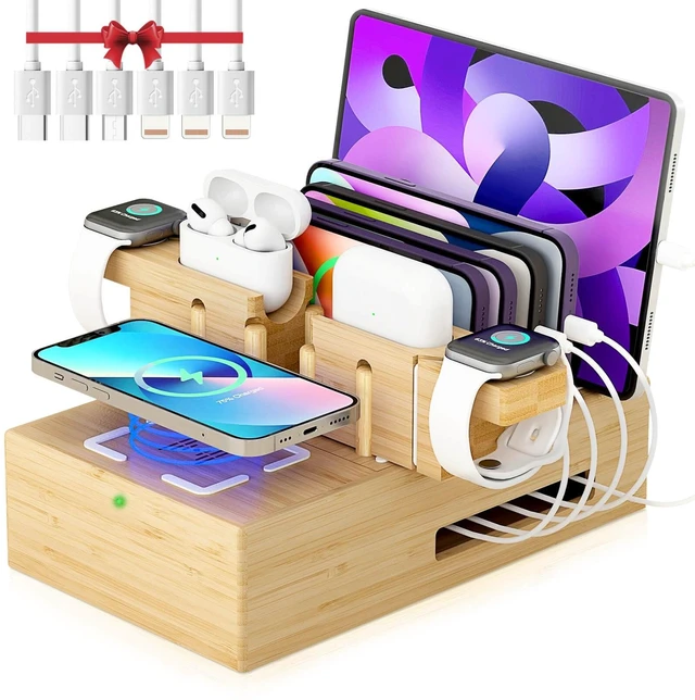Main image of Bamboo Wireless Charging Station for Multiple Devices,Wood Charging Station | Qi Certified Fast Wireless Charger, 7 USB Charging Ports for Phones, Smart Watch, Earbuds, Tablet (2 Stands)