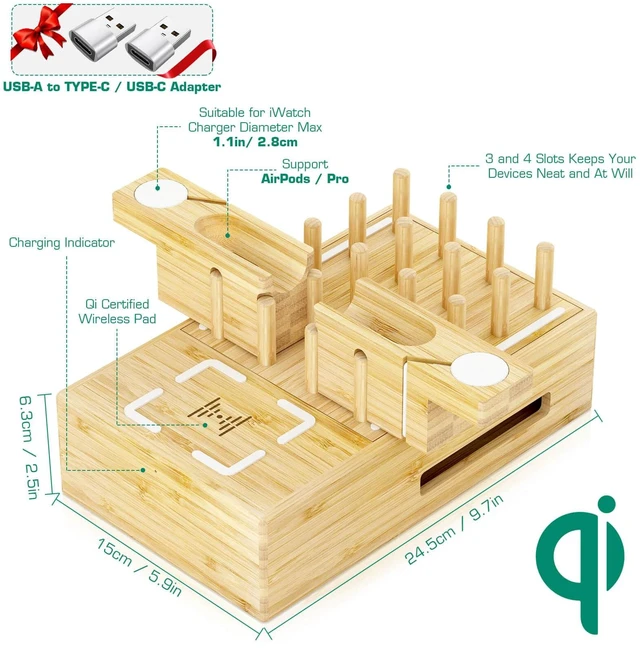 Alt view image 2 of 7 - Bamboo Wireless Charging Station for Multiple Devices,Wood Charging Station | Qi Certified Fast Wireless Charger, 7 USB Charging Ports for Phones, Smart Watch, Earbuds, Tablet (2 Stands)