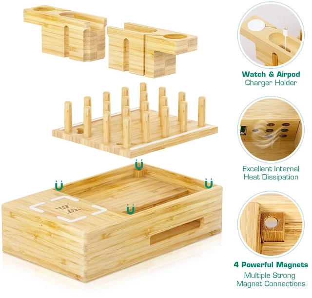 Alt view image 3 of 7 - Bamboo Wireless Charging Station for Multiple Devices,Wood Charging Station | Qi Certified Fast Wireless Charger, 7 USB Charging Ports for Phones, Smart Watch, Earbuds, Tablet (2 Stands)