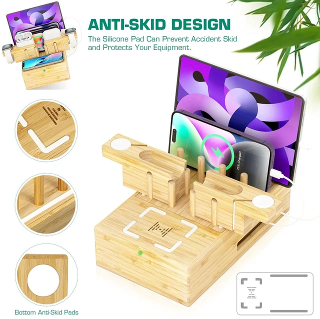 Alt view image 4 of 7 - Bamboo Wireless Charging Station for Multiple Devices,Wood Charging Station | Qi Certified Fast Wireless Charger, 7 USB Charging Ports for Phones, Smart Watch, Earbuds, Tablet (2 Stands)