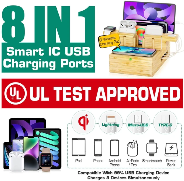 Alt view image 6 of 7 - Bamboo Wireless Charging Station for Multiple Devices,Wood Charging Station | Qi Certified Fast Wireless Charger, 7 USB Charging Ports for Phones, Smart Watch, Earbuds, Tablet (2 Stands)