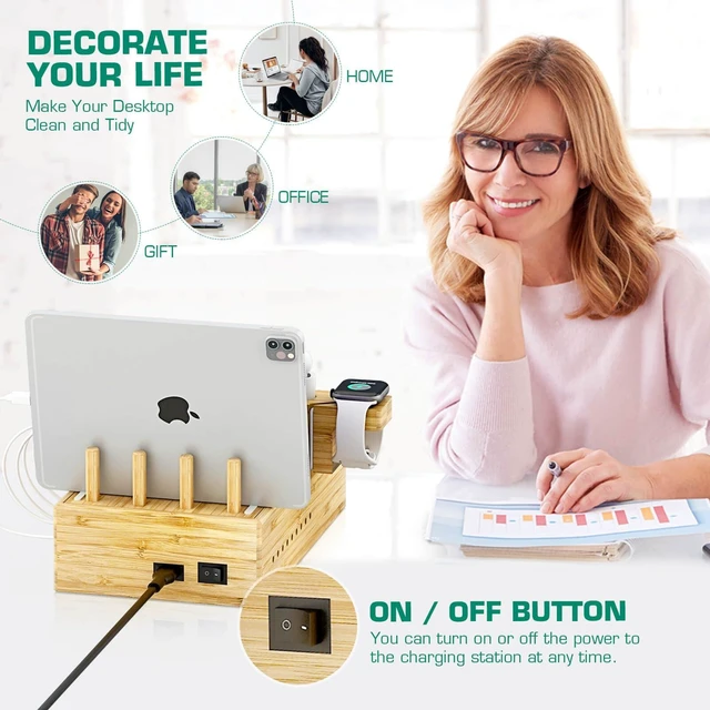 Alt view image 7 of 7 - Bamboo Wireless Charging Station for Multiple Devices,Wood Charging Station | Qi Certified Fast Wireless Charger, 7 USB Charging Ports for Phones, Smart Watch, Earbuds, Tablet (2 Stands)