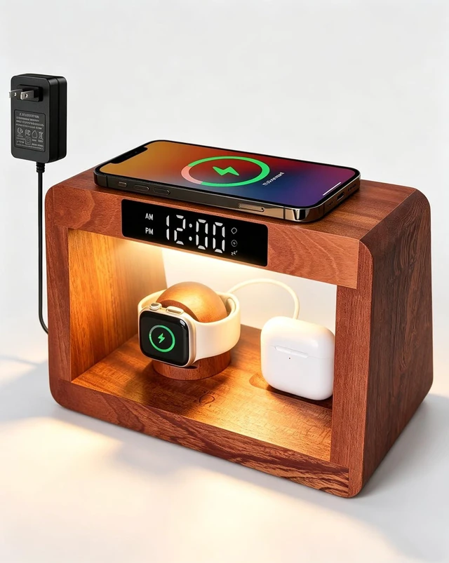 Main image of Wood Wireless Charging Station With Digital Alarm Clocks For Bedrooms