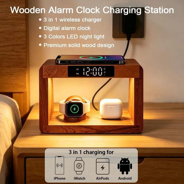 Alt view image 2 of 7 - Wood Wireless Charging Station With Digital Alarm Clocks For Bedrooms
