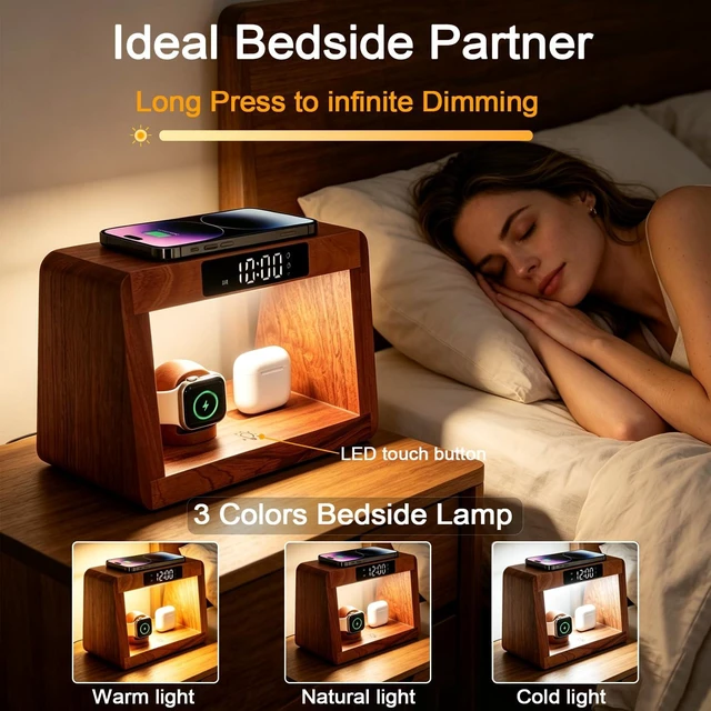 Alt view image 4 of 7 - Wood Wireless Charging Station With Digital Alarm Clocks For Bedrooms