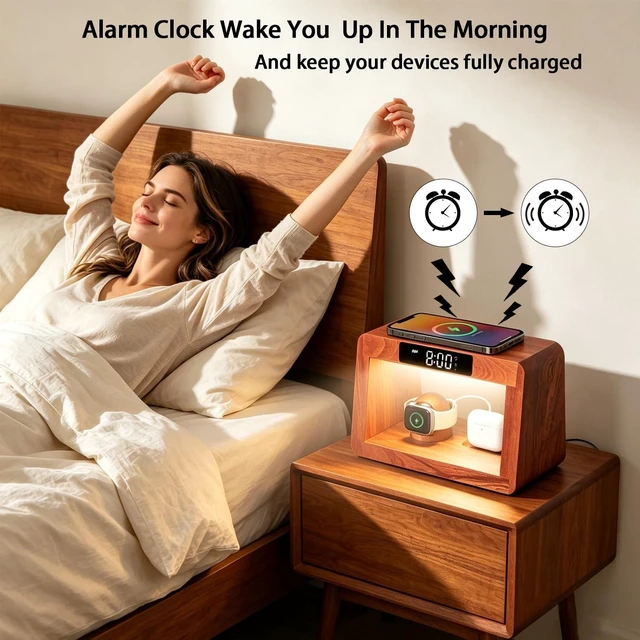 Alt view image 5 of 7 - Wood Wireless Charging Station With Digital Alarm Clocks For Bedrooms
