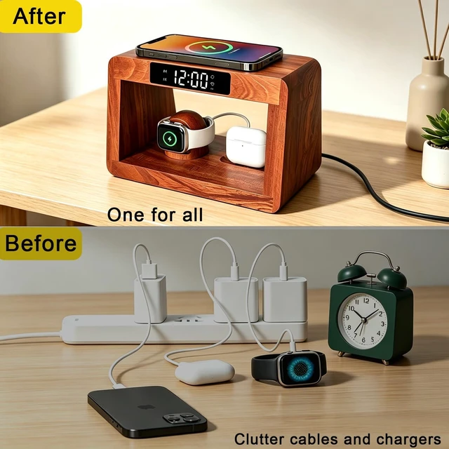 Alt view image 6 of 7 - Wood Wireless Charging Station With Digital Alarm Clocks For Bedrooms