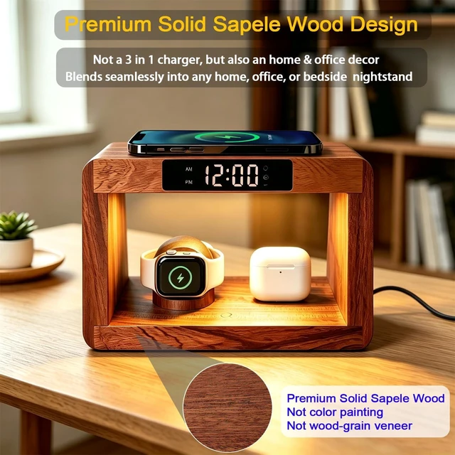 Alt view image 7 of 7 - Wood Wireless Charging Station With Digital Alarm Clocks For Bedrooms