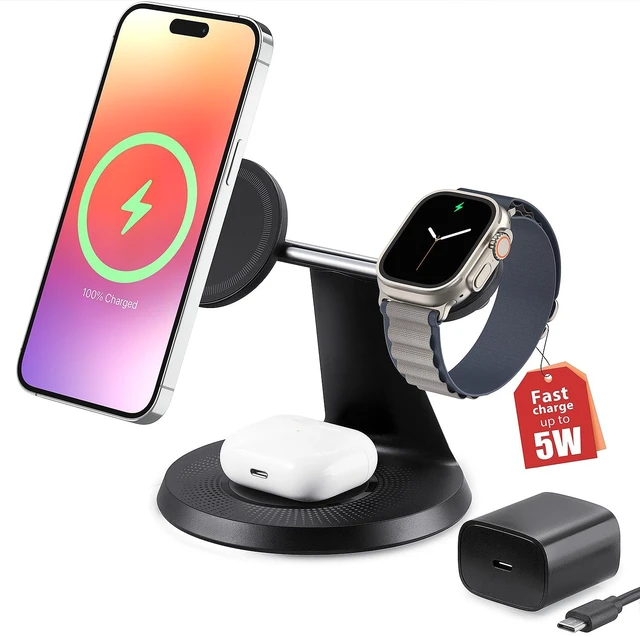 Main image of ZECHIN 3 in 1 Wireless Charging Station for Apple Devices with MagSafe | Charging for iPhone 17/Air/16/15/14/13, AirPods, Apple Watch, Weighted Stable Charging Stand, USB-C Adapter Included
