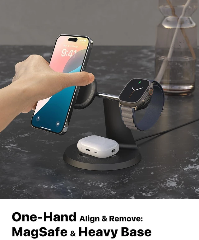 Alt view image 3 of 7 - ZECHIN 3 in 1 Wireless Charging Station for Apple Devices with MagSafe | Charging for iPhone 17/Air/16/15/14/13, AirPods, Apple Watch, Weighted Stable Charging Stand, USB-C Adapter Included