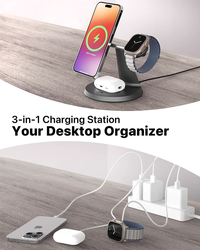 Alt view image 4 of 7 - ZECHIN 3 in 1 Wireless Charging Station for Apple Devices with MagSafe | Charging for iPhone 17/Air/16/15/14/13, AirPods, Apple Watch, Weighted Stable Charging Stand, USB-C Adapter Included