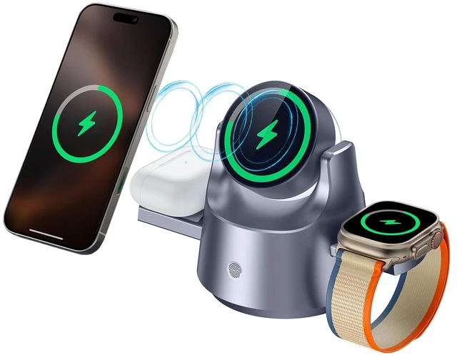 Main image of NBWDY Smart iPhone Charger 4 in 1 Wireless Charging Station for iPhone, Apple Watch & AirPods Motorized Expandable Dock with 110° Rotation, 15W, RGB Night Light, CE/FCC Certified