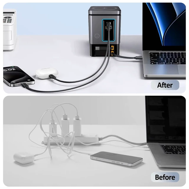 Alt view image 2 of 7 - 105W GaN Desktop Charging Station - 6 in 1 Fast Charger Block with Dual 65W Retractable Type C Cables, Magnetic Wireless Charging Stand for MacBook Pro/Air, iPhone17 16 15, iPad, Office Desk Organizer