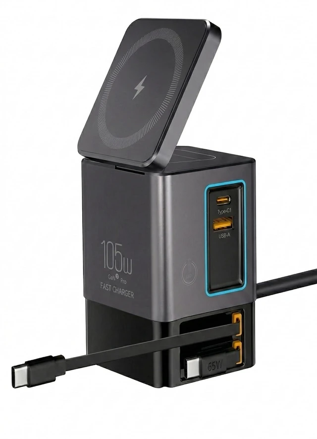 Main image of 105W GaN Desktop Charging Station - 6 in 1 Fast Charger Block with Dual 65W Retractable Type C Cables, Magnetic Wireless Charging Stand for MacBook Pro/Air, iPhone17 16 15, iPad, Office Desk Organizer
