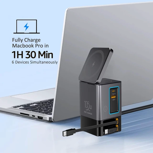 Alt view image 4 of 7 - 105W GaN Desktop Charging Station - 6 in 1 Fast Charger Block with Dual 65W Retractable Type C Cables, Magnetic Wireless Charging Stand for MacBook Pro/Air, iPhone17 16 15, iPad, Office Desk Organizer