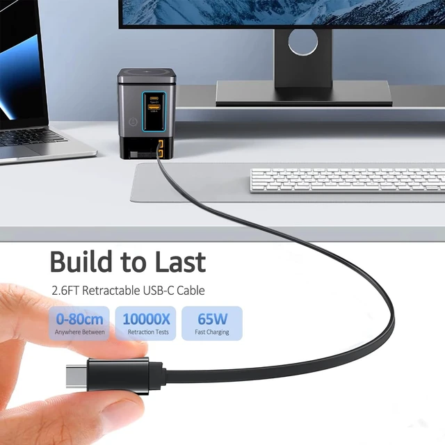 Alt view image 5 of 7 - 105W GaN Desktop Charging Station - 6 in 1 Fast Charger Block with Dual 65W Retractable Type C Cables, Magnetic Wireless Charging Stand for MacBook Pro/Air, iPhone17 16 15, iPad, Office Desk Organizer