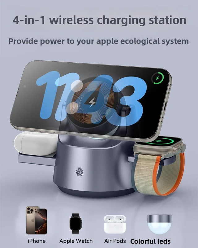 Alt view image 2 of 7 - NBWDY Smart iPhone Charger 4 in 1 Wireless Charging Station for iPhone, Apple Watch & AirPods Motorized Expandable Dock with 110° Rotation, 15W, RGB Night Light, CE/FCC Certified