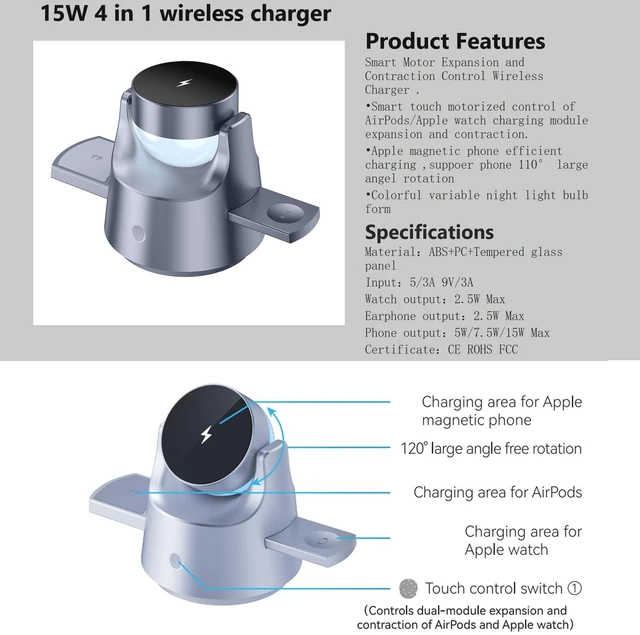 Alt view image 4 of 7 - NBWDY Smart iPhone Charger 4 in 1 Wireless Charging Station for iPhone, Apple Watch & AirPods Motorized Expandable Dock with 110° Rotation, 15W, RGB Night Light, CE/FCC Certified