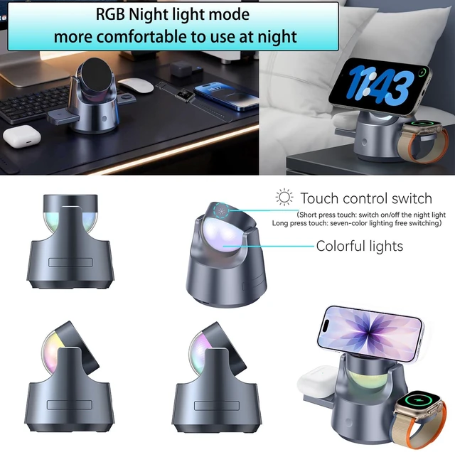 Alt view image 6 of 7 - NBWDY Smart iPhone Charger 4 in 1 Wireless Charging Station for iPhone, Apple Watch & AirPods Motorized Expandable Dock with 110° Rotation, 15W, RGB Night Light, CE/FCC Certified