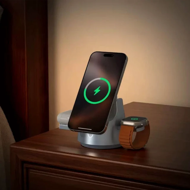 Alt view image 7 of 7 - NBWDY Smart iPhone Charger 4 in 1 Wireless Charging Station for iPhone, Apple Watch & AirPods Motorized Expandable Dock with 110° Rotation, 15W, RGB Night Light, CE/FCC Certified