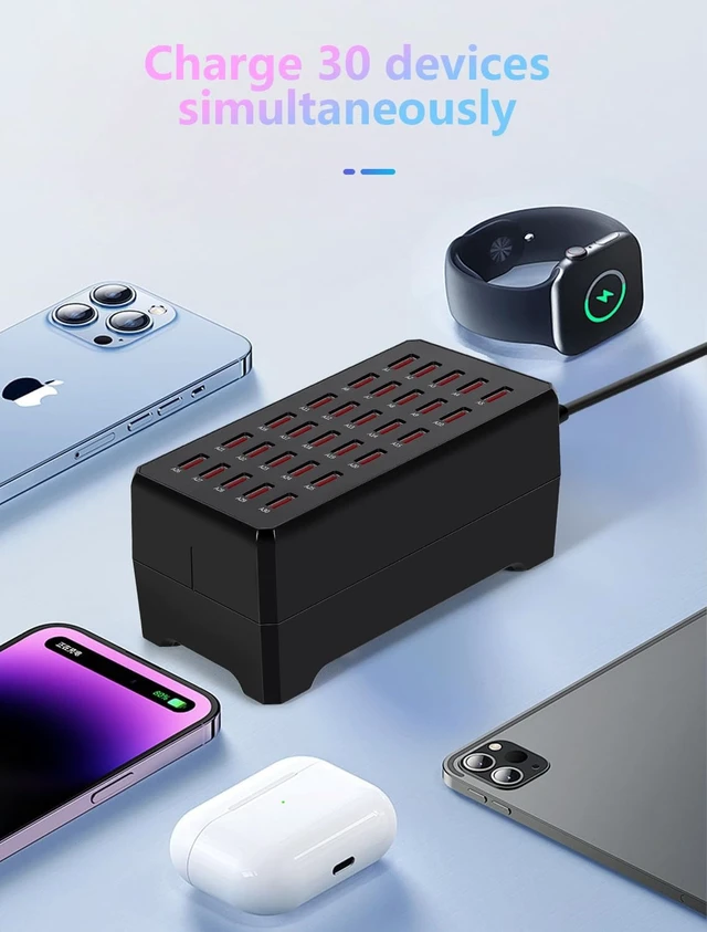 Alt view image 2 of 6 - USB Charging Station,150W 30-Port Multi Smart Safety Fast Charger Station for Phone Tablet Watch Headphone PS, Compact Desktop Charger Home Office Travel