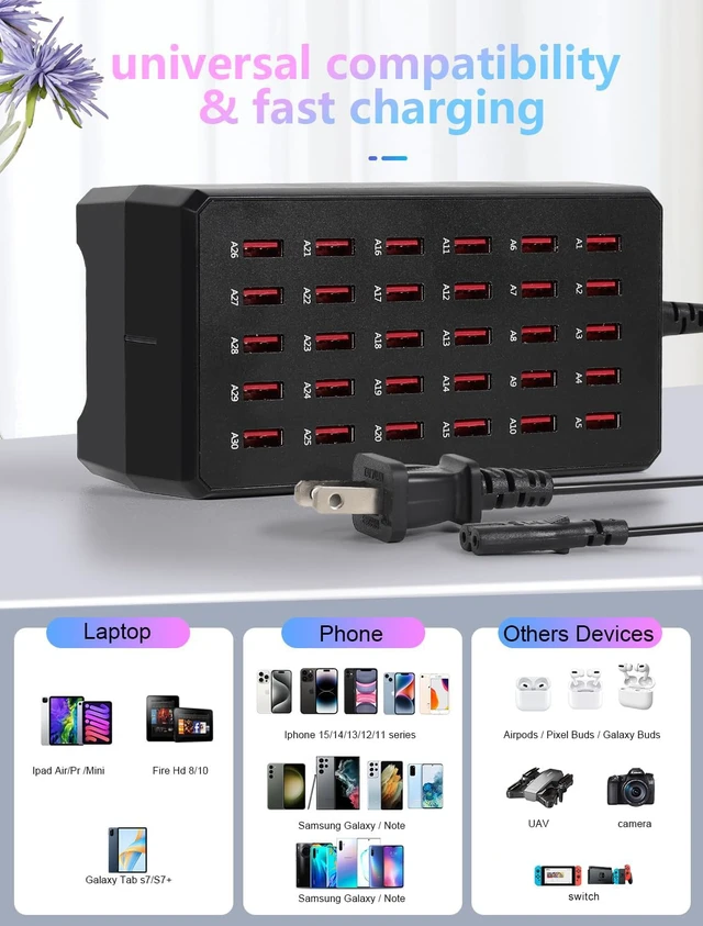 Alt view image 4 of 6 - USB Charging Station,150W 30-Port Multi Smart Safety Fast Charger Station for Phone Tablet Watch Headphone PS, Compact Desktop Charger Home Office Travel