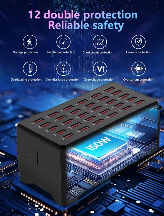 Alt view image 3 of 6 - USB Charging Station,150W 30-Port Multi Smart Safety Fast Charger Station for Phone Tablet Watch Headphone PS, Compact Desktop Charger Home Office Travel