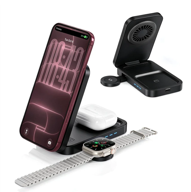 Main image of 3-in-1 Magnetic Wireless Charging Station 25W Black Phone Charger | Desk-to-travel dock with 360° viewing and active cooling for phone, watch and earbuds