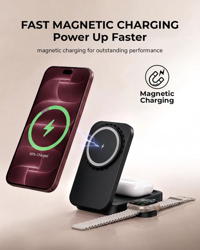 Alt view image 2 of 7 - 3-in-1 Magnetic Wireless Charging Station 25W Black Phone Charger | Desk-to-travel dock with 360° viewing and active cooling for phone, watch and earbuds