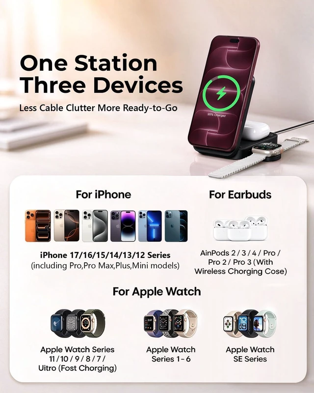 Alt view image 3 of 7 - 3-in-1 Magnetic Wireless Charging Station 25W Black Phone Charger | Desk-to-travel dock with 360° viewing and active cooling for phone, watch and earbuds