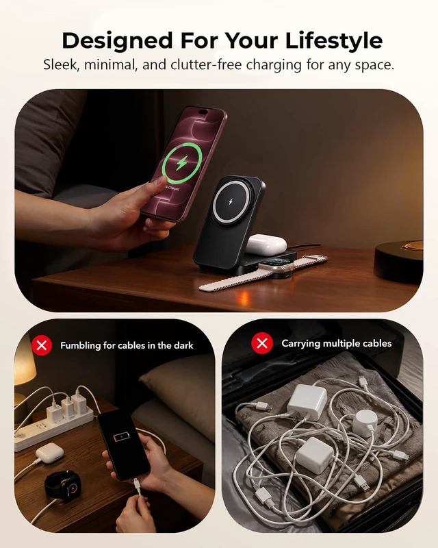 Alt view image 5 of 7 - 3-in-1 Magnetic Wireless Charging Station 25W Black Phone Charger | Desk-to-travel dock with 360° viewing and active cooling for phone, watch and earbuds