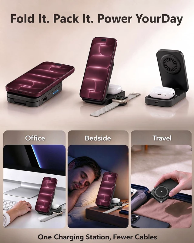 Alt view image 6 of 7 - 3-in-1 Magnetic Wireless Charging Station 25W Black Phone Charger | Desk-to-travel dock with 360° viewing and active cooling for phone, watch and earbuds