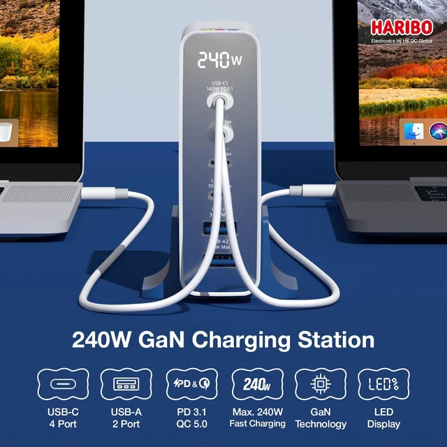 Alt view image 2 of 7 - Haribo 240W GaN Charging Station, 6-Port USB-C & USB-A Charger, PD 3.1 (140W) & QC 5.0, Compatible with MacBook, iPhone, Galaxy, Pixel, iPad, Tablets