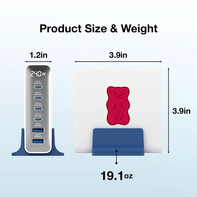 Alt view image 7 of 7 - Haribo 240W GaN Charging Station, 6-Port USB-C & USB-A Charger, PD 3.1 (140W) & QC 5.0, Compatible with MacBook, iPhone, Galaxy, Pixel, iPad, Tablets