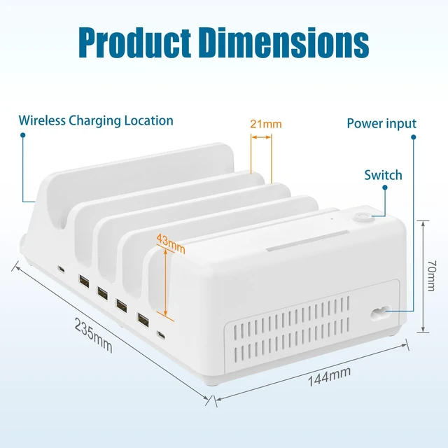 Alt view image 7 of 7 - AGVEE 140W 9 in 1 Multi USB Charging Station Organizer Family Block | With Multi Cables, 3 Wireless Charger Dock for Pad Phone Cell Phone Android Tablet Multiple Devices