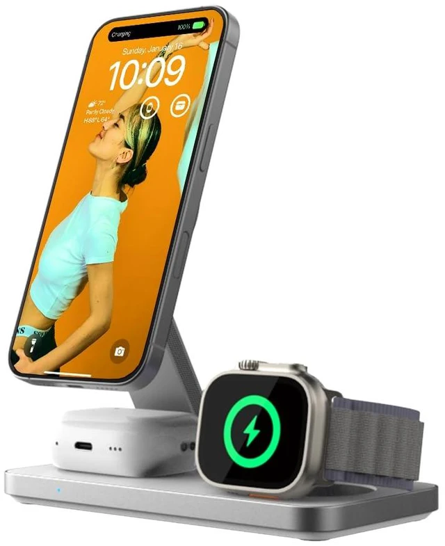 Main image of POUT Hands 7 PRO 3-in-1 Foldable Qi2 15W Wireless Charging Stand, Adjustable Angles, Compatible with MagSafe, for iPhone 1712 Series, AirPods Pro/4/3, Apple Watch Ultra/SE/Series Platinum White