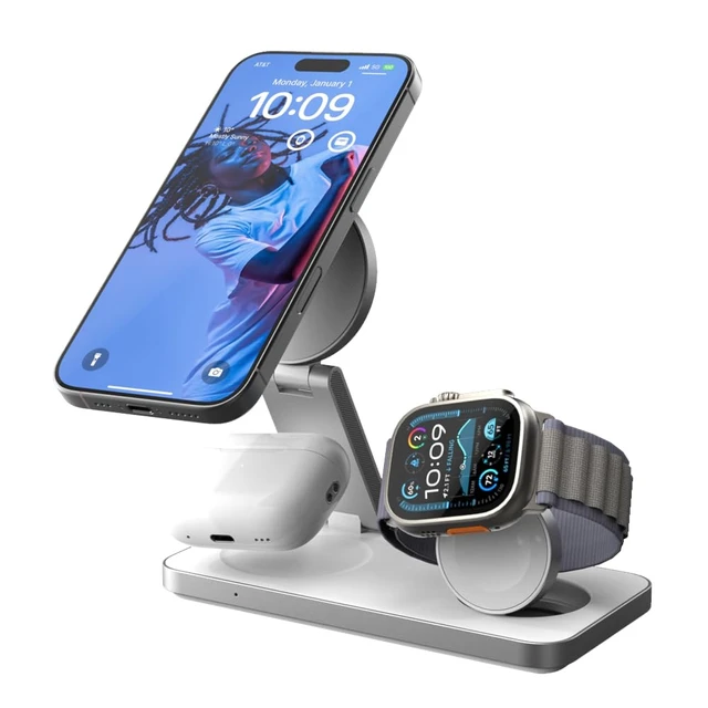 Alt view image 2 of 7 - POUT Hands 7 PRO 3-in-1 Foldable Qi2 15W Wireless Charging Stand, Adjustable Angles, Compatible with MagSafe, for iPhone 1712 Series, AirPods Pro/4/3, Apple Watch Ultra/SE/Series Platinum White