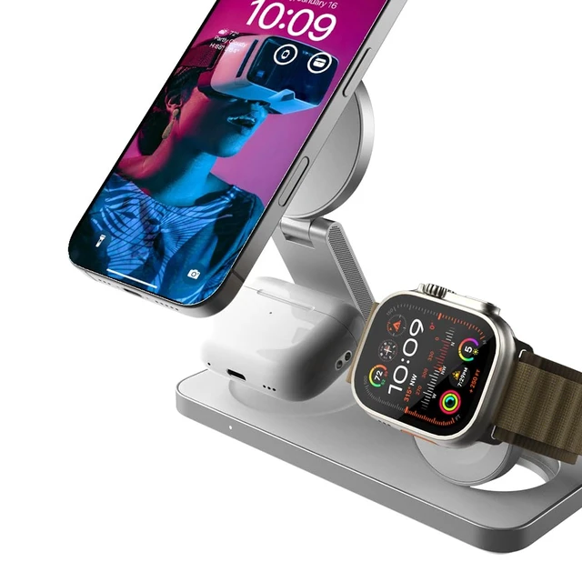 Alt view image 7 of 7 - POUT Hands 7 PRO 3-in-1 Foldable Qi2 15W Wireless Charging Stand, Adjustable Angles, Compatible with MagSafe, for iPhone 1712 Series, AirPods Pro/4/3, Apple Watch Ultra/SE/Series Platinum White