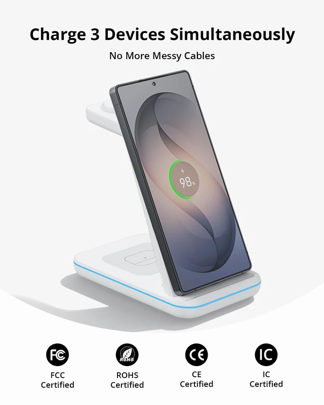 Alt view image 2 of 7 - JoyGeek 3 in 1 Wireless Charging Station for Samsung&Android, Charger Stand for S26/S25/S24/S23/S22/S21/S20/Note20/Z Fold&Flip Series, Galaxy Watch8/7/6/5/4/3/Active2/1Not for Watch9 / Ultra2