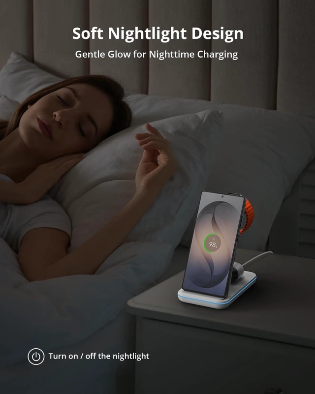 Alt view image 6 of 7 - JoyGeek 3 in 1 Wireless Charging Station for Samsung&Android, Charger Stand for S26/S25/S24/S23/S22/S21/S20/Note20/Z Fold&Flip Series, Galaxy Watch8/7/6/5/4/3/Active2/1Not for Watch9 / Ultra2