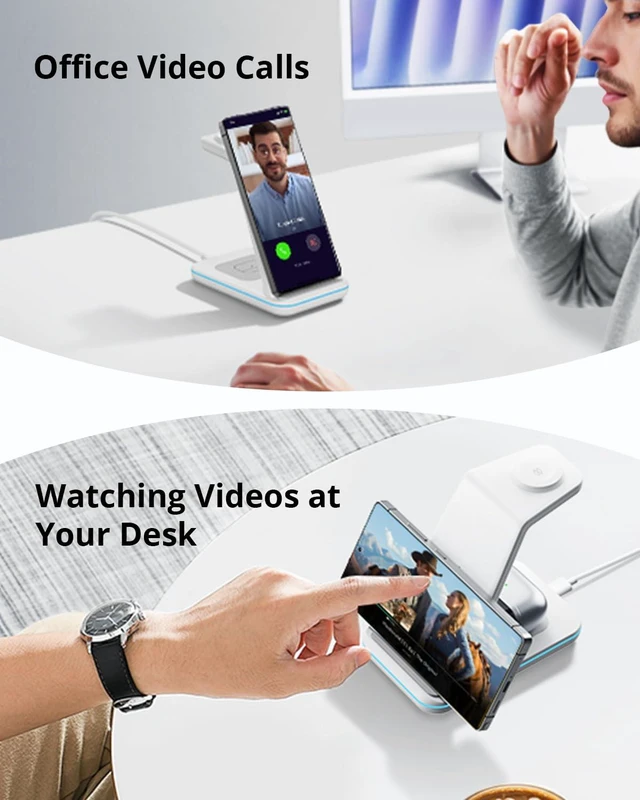 Alt view image 5 of 7 - JoyGeek 3 in 1 Wireless Charging Station for Samsung&Android, Charger Stand for S26/S25/S24/S23/S22/S21/S20/Note20/Z Fold&Flip Series, Galaxy Watch8/7/6/5/4/3/Active2/1Not for Watch9 / Ultra2