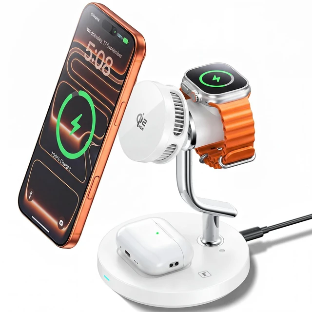 Main image of 3-in-1 Charging Station for Apple Devices, Qi2.2 25W MagSafe /45W Adapter | Qi2.2 certified AirCool cooling dock, fully MagSafe compatible, fast charging, fits iPhone 12-17e-18, Apple Watch & AirPods
