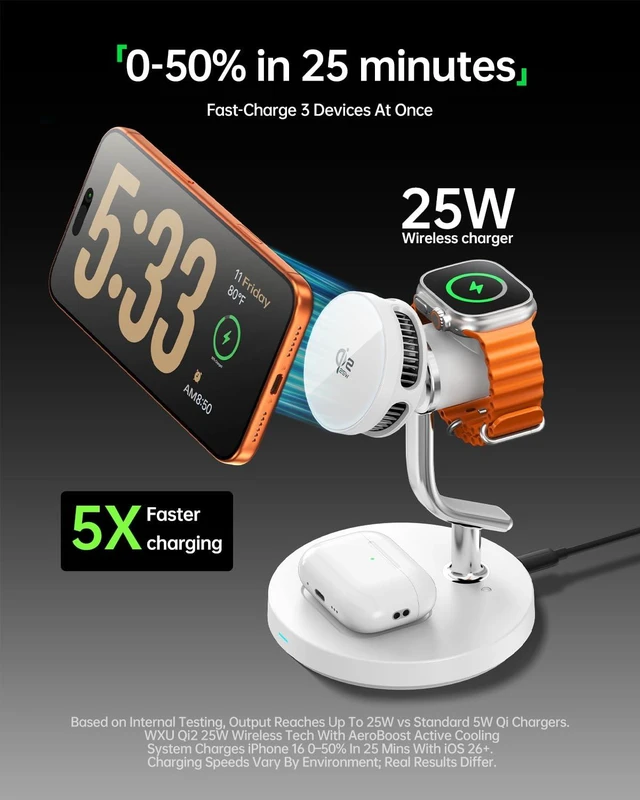 Alt view image 2 of 7 - 3-in-1 Charging Station for Apple Devices, Qi2.2 25W MagSafe /45W Adapter | Qi2.2 certified AirCool cooling dock, fully MagSafe compatible, fast charging, fits iPhone 12-17e-18, Apple Watch & AirPods
