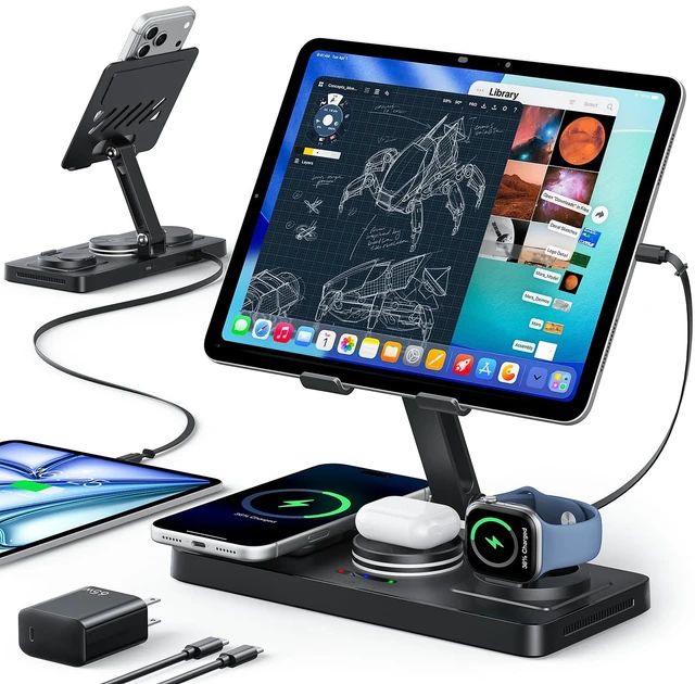 Main image of 5 in 1 Charging Station for Apple Multiple Devices &65W Adapter, 30W Max Bulit-in Retractable Cable Fast Wired Charging Stand for iPad/Tab, Foldable Magnetic Wireless Charger for iPhone 17/iWatch/Buds