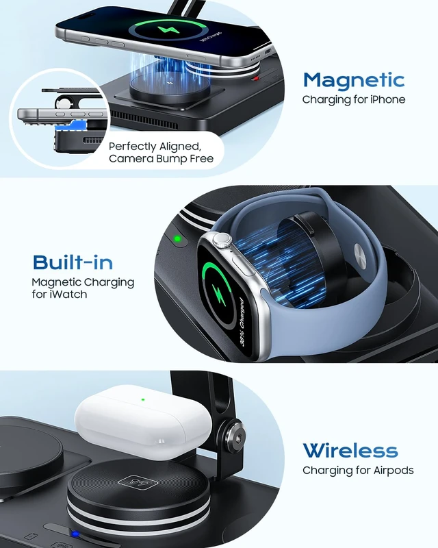 Alt view image 6 of 7 - 5 in 1 Charging Station for Apple Multiple Devices &65W Adapter, 30W Max Bulit-in Retractable Cable Fast Wired Charging Stand for iPad/Tab, Foldable Magnetic Wireless Charger for iPhone 17/iWatch/Buds