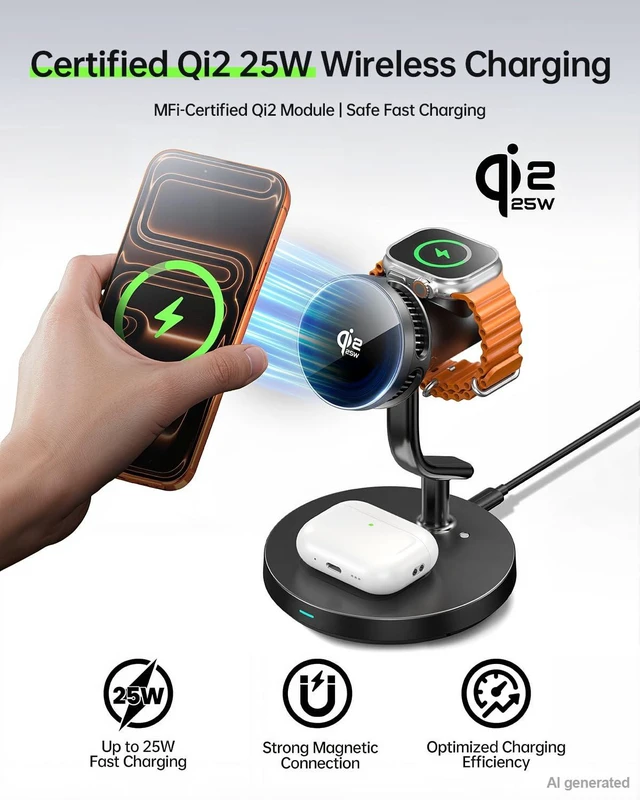 Alt view image 5 of 7 - 3-in-1 Charging Station for Apple Devices, Qi2.2 25W MagSafe /45W Adapter | Qi2.2 certified AirCool cooling dock, fully MagSafe compatible, fast charging, fits iPhone 12-17e-18, Apple Watch & AirPods