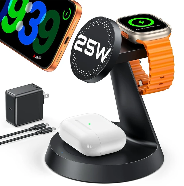 Main image of 25W Fast 3 in 1 Charging Station for iPhone 18 Pro Max/iPhone Duo/17ProMax|Compatible with MagSafe, for Multiple Apple Devices, Magnetic Wireless Charger for Apple Watch & Airpods, with PD 45W Adapter