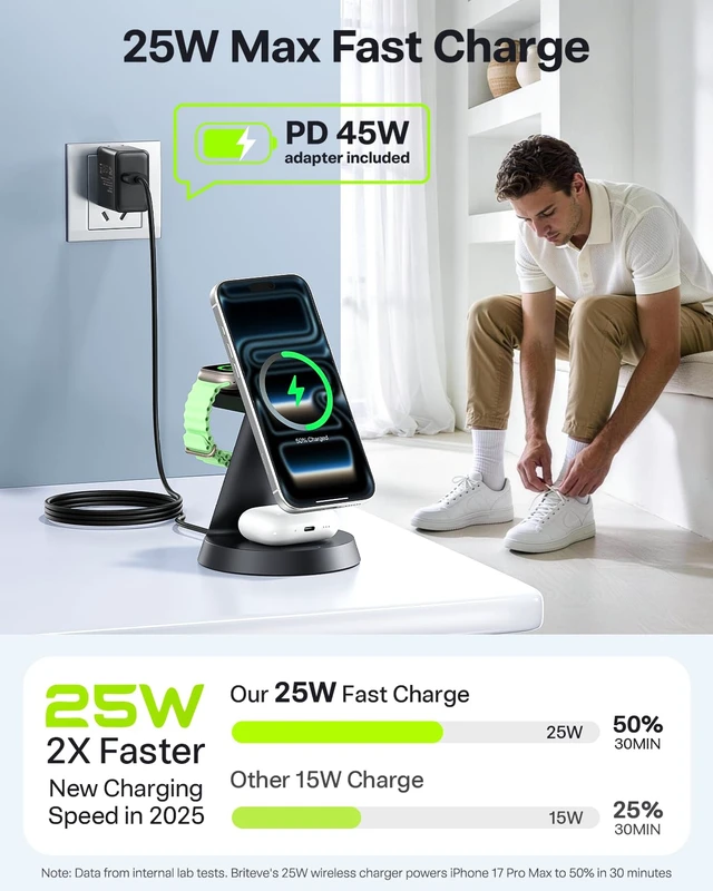 Alt view image 3 of 7 - 25W Fast 3 in 1 Charging Station for iPhone 18 Pro Max/iPhone Duo/17ProMax|Compatible with MagSafe, for Multiple Apple Devices, Magnetic Wireless Charger for Apple Watch & Airpods, with PD 45W Adapter