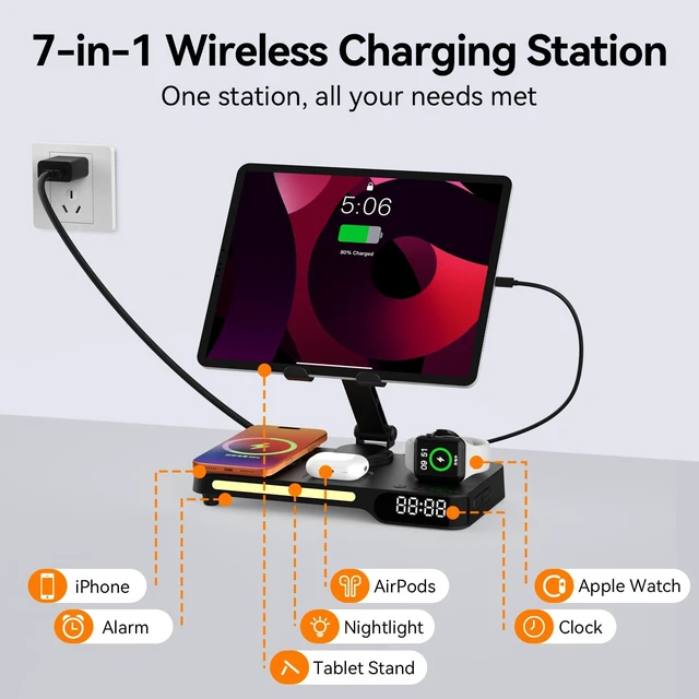 Alt view image 3 of 7 - Wireless Charging Station, 7 in 1 Multiple Charger Stand for Multi-Device|Charger Stand with Alarm Clock, Night Light, Mag-Safe Charging Dock for iPhone, Apple Watch and Airpods, for bedroom & office